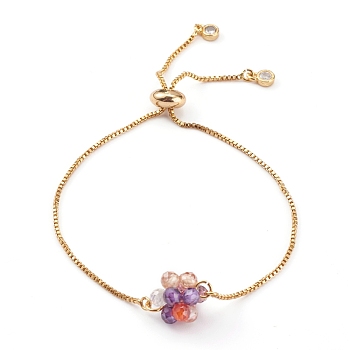 Adjustable Brass Slider Bracelets, Bolo Bracelets, with Cubic Zirconia Woven Beads, Golden, Colorful, Inner Diameter: 1/4~3-1/8 inch(0.5~8cm)