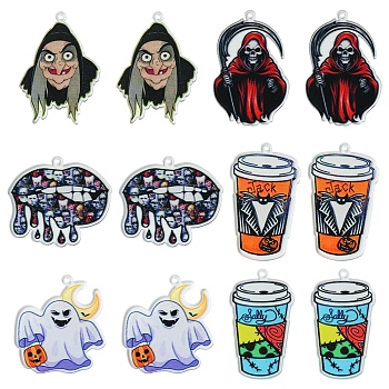 12Pcs 6 Styles Halloween Printed Acrylic Pendants, Mixed Shapes, 33.5~43.5x23.5~33x1.5mm, Hole: 1.5mm, 2pcs/style