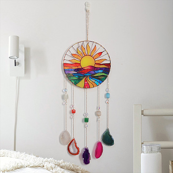 Acrylic Sun Pendant Decorations, Natural Agate Slice Tassel for Home Car Hanging Decor, Colorful, 615mm