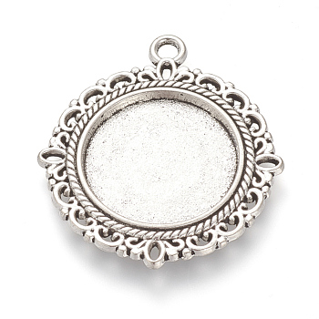 Tibetan Style Alloy Pendant Cabochon Settings, Flat Round, Cadmium Free & Lead Free, Antique Silver, Tray: 20mm, 35.5x32x2mm, Hole: 2.5mm