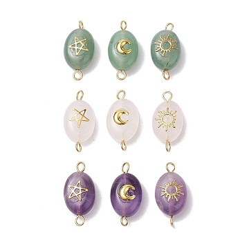 9Pcs 9 Styles Natural Rose Quartz & Green Aventurine & Amethyst Connector Charms, Oval Links with Golden Tone Sun & Moon & Star Brass Slices, 19.5~20.5x9.5~10x6mm, Hole: 1.5~2mm, 1pc/style