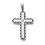 304 Stainless Steel Enamel Pendants, Cross Charms, with Rhinestone, Stainless Steel Color, 42.5x28x3mm, Hole: 8x5mm(STAS-E527-04P-D)