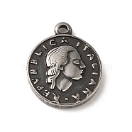 304 Stainless Steel Pendants, Flat Round with Woman Pattern Charm, Antique Silver, 18x15x3mm, Hole: 1.5mm(STAS-L022-310AS)