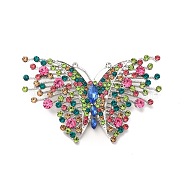 Colorful Rhinestone Butterfly Lapel Pin, Alloy Brooch for Women, Platinum, 40x68x4mm, Pin: 0.7mm(JEWB-P014-03P)