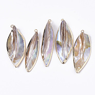 Natural Freshwater Shell Big Pendants, with Iron Loops, Edge Golden Plated, Leaf, 47~52x13~20x7~9mm, Hole: 1.6mm(X-SHEL-R048-09)