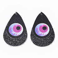 Halloween Theme, PU Leather Big Pendants, with Glitter Powder and Platinum Tone Stainless Steel Jump Rings, teardrop, with Eyeball, Black, 56x37x3mm, Hole: 4mm(X-FIND-R078-07)