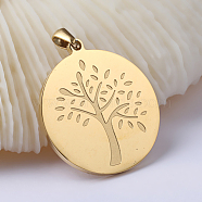 Flat Round with Tree of Life Ion Plating(IP) 304 Stainless Steel Pendants, Golden, 33x29.8x2mm, Hole: 7x3mm(STAS-I040-04A)