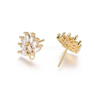 Brass Cubic Zirconia Stud Earring Findings, with Loop, Flower, Clear, Golden, 12x11.5x2.5mm, Hole: 1mm, Pin: 0.8mm(EJEW-E257-03G)