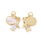 Rack Plating Brass Micro Pave Clear Cubic Zirconia Pendant, with Natural White Shell and Jump Ring, Butterfly Charms, Golden, 16.5x14x2.5mm, Hole: 3mm(KK-D086-03G)