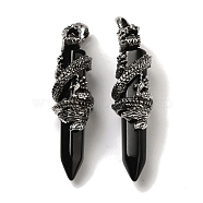 Natural Obsidian Pointed Big Pendants, Faceted Bullet Charms with Rack Plating Antique Silver Plated Alloy Gragon, Cadmium Free & Lead Free, 63~64x19~20x15.5mm, Hole: 7.5x6.5mm(G-D069-01G-AS)