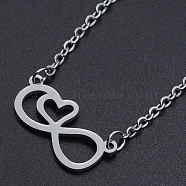 Non-Tarnish 201 Stainless Steel Pendant Necklaces, with Cable Chains and Lobster Claw Clasps, Infinity with Heart, Stainless Steel Color, 17.32 inch(44cm), 2mm, Infinity: 10x22x1mm(NJEW-S105-JN518-1)