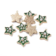 Brass Enamel Pendants, with Acrylic Pearl, Star, Real 18K Gold Plated, Green, 15.5x14.4x3.8mm, Hole: 1mm(KK-I661-03G-A)