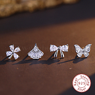 4Pcs 4 Style Rhodium Plated 925 Sterling Silver Stud Earrings Set, with Clear Cubic Zirconia, Butterfly & Flower & Leaf & Bowknot, Platinum, 8~10mm, 1Pc/style(PI9253-2)