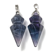 Natural Fluorite Pointed Pendants, Faceted Bullet Shaped Charms with Rack Plating Brass Snap on Bails, Platinum, Cadmium Free & Lead Free, 43x14mm, Hole: 4x5mm(G-F766-08AS-04)