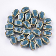 Handmade Porcelain Beads, Fancy Antique Glazed Porcelain, Oval, Deep Sky Blue, 12~14x9~10.5x9~11mm, Hole: 2.5mm(PORC-S498-07J)