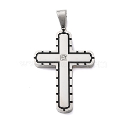 304 Stainless Steel Enamel Pendants, Cross Charms, with Rhinestone, Stainless Steel Color, 42.5x28x3mm, Hole: 8x5mm(STAS-E527-04P-D)