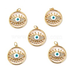 5Pcs Brass Micro Pave Cubic Zirconia Pendants, with Enamel, Long-Lasting Plated, Cadmium Free & Lead Free, Real 18K Gold Plated, Flat Round with Evil Eye, White, 22x20x3mm, Hole: 3.6mm(ZIRC-SZ0002-71B)