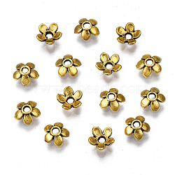 Tibetan Style Alloy Bead Caps, Cadmium Free & Lead Free, 5-Petal, Flower, Antique Golden, 6.5x3mm, Hole: 1mm, about 666pcs/100g(X-TIBEB-S039-017AG-RS)