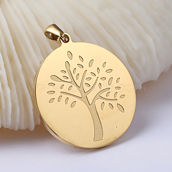 Flat Round with Tree of Life Ion Plating(IP) 304 Stainless Steel Pendants, Golden, 33x29.8x2mm, Hole: 7x3mm(STAS-I040-04A)