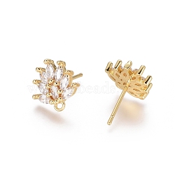 Brass Cubic Zirconia Stud Earring Findings, with Loop, Flower, Clear, Golden, 12x11.5x2.5mm, Hole: 1mm, Pin: 0.8mm(EJEW-E257-03G)