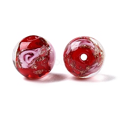 Luminous Handmade Gold Sand Lampwork Beads, Glow in the Dark, Round with Flower, Red, 8x8mm, Hole: 1.6mm(LAMP-T021-8mm-03V)