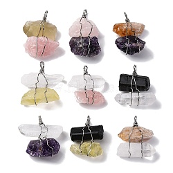 Natural Mixed Gemstone Nuggets Big Pendants, Copper Wire Wrapped Charms, Platinum, Lead Free & Cadmium Free, 40~52.5x36.5~44.5x17~23.5mm, Hole: 4.5mm(G-K338-43P)