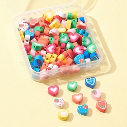 100Pcs Handmade Polymer Clay Beads, Heart, Mixed Color, 7~10x8~10.5x4~5mm, Hole: 1.5mm(CLAY-FS0001-26)