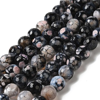 Dyed & Heated Natural Fire Crackle Agate Beads Strands, Faceted, Round, Black, 8mm, Hole: 1.2mm, about 47pcs/strand, 14.25''(36.2cm)