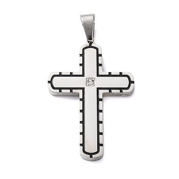 304 Stainless Steel Enamel Pendants, Cross Charms, with Rhinestone, Stainless Steel Color, 42.5x28x3mm, Hole: 8x5mm