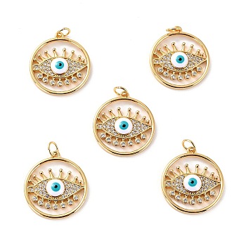 5Pcs Brass Micro Pave Cubic Zirconia Pendants, with Enamel, Long-Lasting Plated, Cadmium Free & Lead Free, Real 18K Gold Plated, Flat Round with Evil Eye, White, 22x20x3mm, Hole: 3.6mm