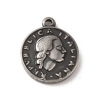 304 Stainless Steel Pendants, Flat Round with Woman Pattern Charm, Antique Silver, 18x15x3mm, Hole: 1.5mm
