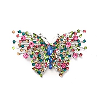Colorful Rhinestone Butterfly Lapel Pin, Alloy Brooch for Women, Platinum, 40x68x4mm, Pin: 0.7mm