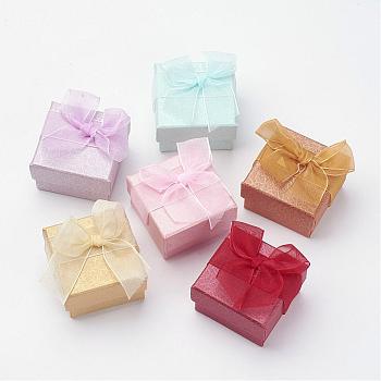 Cardboard Ring Boxes, with Organza Bowknot, Square, Mixed Color, 5x5x3.1cm