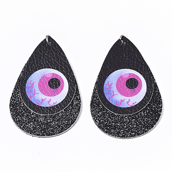 Halloween Theme, PU Leather Big Pendants, with Glitter Powder and Platinum Tone Stainless Steel Jump Rings, teardrop, with Eyeball, Black, 56x37x3mm, Hole: 4mm