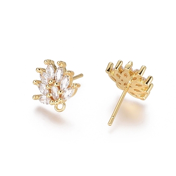 Brass Cubic Zirconia Stud Earring Findings, with Loop, Flower, Clear, Golden, 12x11.5x2.5mm, Hole: 1mm, Pin: 0.8mm
