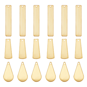 36Pcs 3 Style Brass Pendants, Rectangle & Trapezoid & Teardrop, Raw(Unplated), 20~36x7~10x0.5~1mm, Hole: 1~1.5mm, 12pcs/style