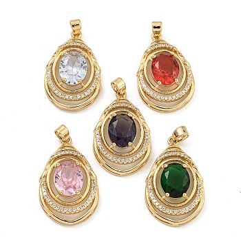 Brass Micro Pave Cubic Zirconia Pendants, with Glass, Teardrop, Mixed Color, 26.5~27x16.5x6mm, Hole: 5x2.5mm