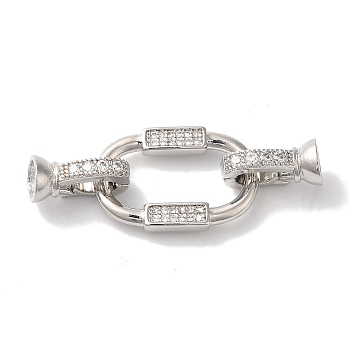 Oval Rectangle Rack Plating Brass Micro Pave Clear Cubic Zirconia Fold Over Clasps, Long-lasting Plated, Lead Free & Cadmium Free, Platinum, 41mm, Hole: 1mm