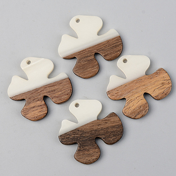 Opaque Resin & Walnut Wood Pendants, Flower,  Floral White, 28x28x3mm, Hole: 2mm