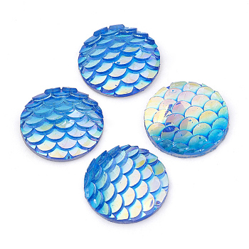 Resin Cabochons, Flat Round with Mermaid Fish Scale, Deep Sky Blue, 12x3mm