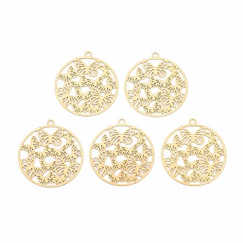 Rack Plating 201 Stainless Steel Filigree Pendants, Etched Metal Embellishments, Nickel Free, Flat Round with Butterfly, Real 18K Gold Plated, 22.5x20.5x0.4mm, Hole: 1.5mm