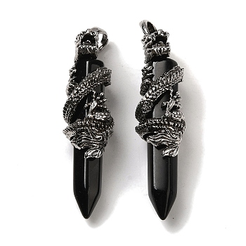 Natural Obsidian Pointed Big Pendants, Faceted Bullet Charms with Rack Plating Antique Silver Plated Alloy Gragon, Cadmium Free & Lead Free, 63~64x19~20x15.5mm, Hole: 7.5x6.5mm