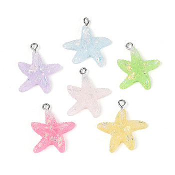 Transparent Resin Pendants, Starfish Charms, with Platinum Plated Iron Loops & Broken Glass Foils, Mixed Color, 25~28x22~24.5x5~5.5mm, Hole: 2mm