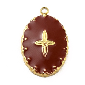 304 Stainless Steel Pendants, with Enamel, Golden, Oval with Cross Charm, Dark Red, 20x13x3mm, Hole: 1.5mm