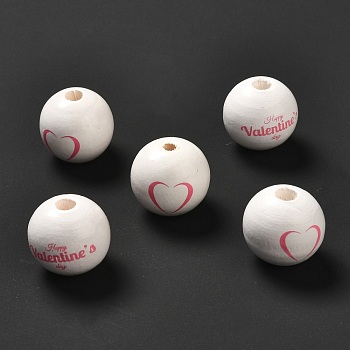 Natural Wood Beads, With Heart And Word Pattern, White, 16x15mm, Hole: 2.5mm