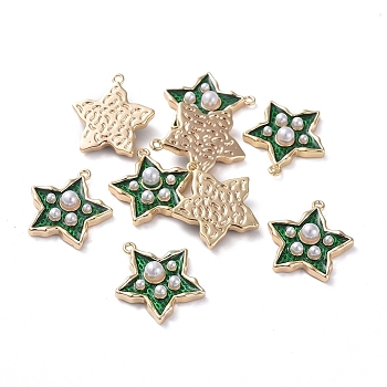 Brass Enamel Pendants, with Acrylic Pearl, Star, Real 18K Gold Plated, Green, 15.5x14.4x3.8mm, Hole: 1mm