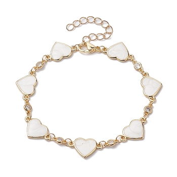 Brass Enamel Heart Link Chain Bracelet with Cubic Zirconia, Golden, 7-7/8 inch(20cm)