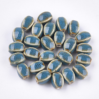Handmade Porcelain Beads, Fancy Antique Glazed Porcelain, Oval, Deep Sky Blue, 12~14x9~10.5x9~11mm, Hole: 2.5mm