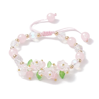 Flower Glass & Acrylic Braided Bead Adjustable Bracelets for Women, Lavender, Inner Diameter: 2~3 inch(5~7.5cm)