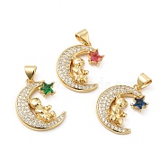 Brass Micro Pave Cubic Zirconia Pendants, Moon with Bear & Star Charm, Golden, Mixed Color, 20x16x3.5mm, Hole: 5x3.5mm(KK-H441-23G)